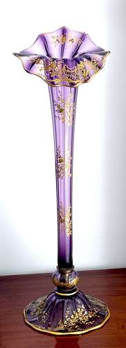 Tall Antique French Mont Joye Amethyst Crystal  Gold Enamelled Vase