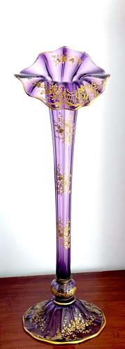 Tall Antique French Mont Joye Amethyst Crystal  Gold Enamelled Vase