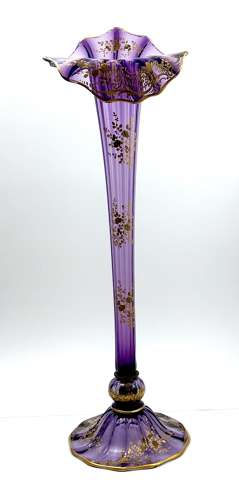 Tall Antique French Mont Joye Amethyst Crystal  Gold Enamelled Vase