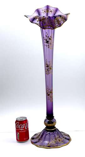 Tall Antique French Mont Joye Amethyst Crystal  Gold Enamelled Vase
