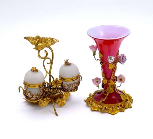 Rare Antique Palais Royal Pink Opaline Vase with Porcelain Flowers