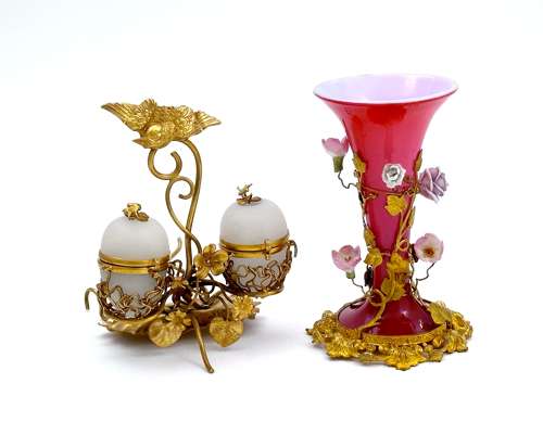 Rare Antique Palais Royal Pink Opaline Vase with Porcelain Flowers