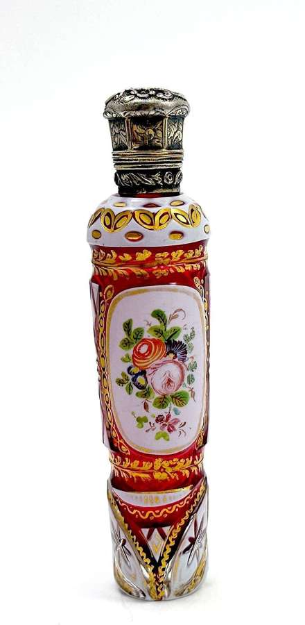 Fine Antique Bohemian Pink and White Overlay Glass Perfume Bottle