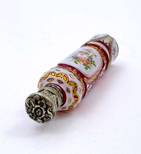 Fine Antique Bohemian Pink and White Overlay Glass Perfume Bottle