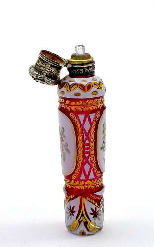 Fine Antique Bohemian Pink and White Overlay Glass Perfume Bottle