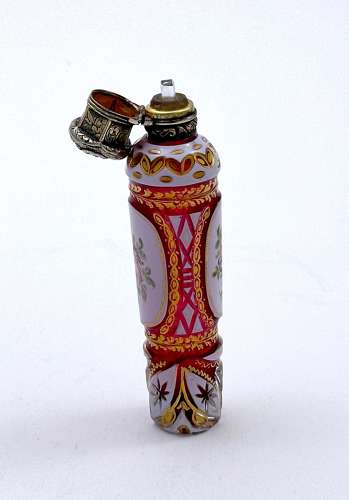 Fine Antique Bohemian Pink and White Overlay Glass Perfume Bottle
