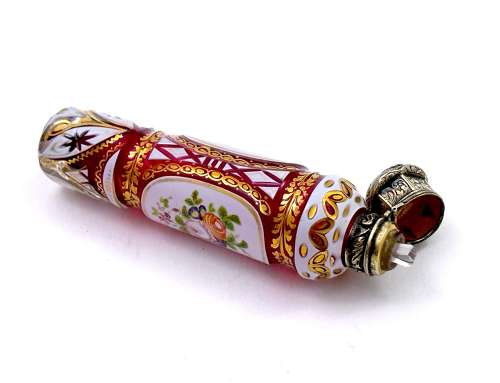 Fine Antique Bohemian Pink and White Overlay Glass Perfume Bottle