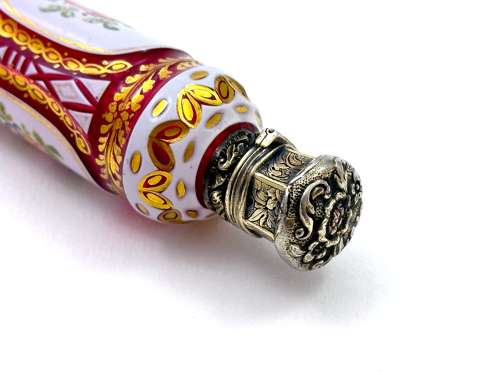 Fine Antique Bohemian Pink and White Overlay Glass Perfume Bottle