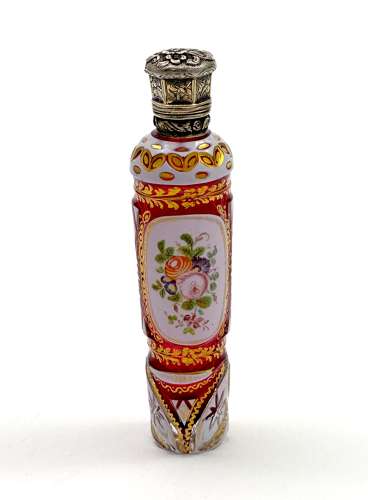 Fine Antique Bohemian Pink and White Overlay Glass Perfume Bottle