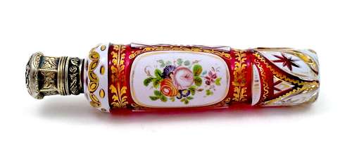 Fine Antique Bohemian Pink and White Overlay Glass Perfume Bottle