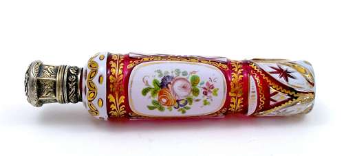 Fine Antique Bohemian Pink and White Overlay Glass Perfume Bottle