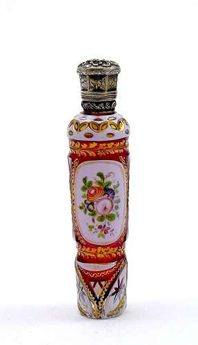Fine Antique Bohemian Pink and White Overlay Glass Perfume Bottle
