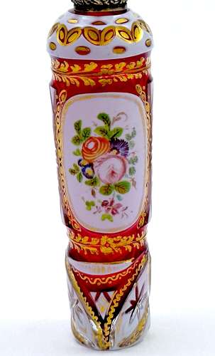 Fine Antique Bohemian Pink and White Overlay Glass Perfume Bottle