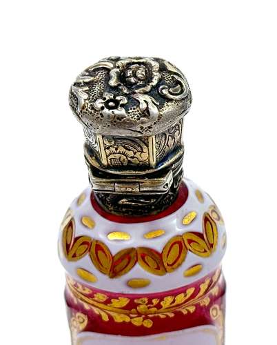 Fine Antique Bohemian Pink and White Overlay Glass Perfume Bottle