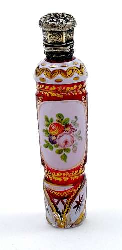 Fine Antique Bohemian Pink and White Overlay Glass Perfume Bottle