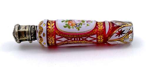 Fine Antique Bohemian Pink and White Overlay Glass Perfume Bottle
