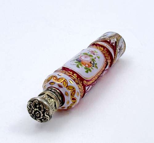Fine Antique Bohemian Pink and White Overlay Glass Perfume Bottle