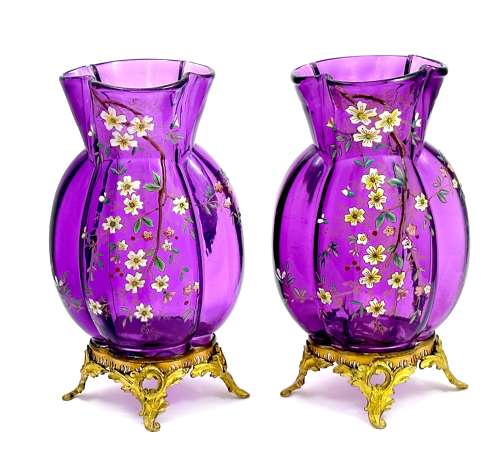 A Pair of Antique Moser Amethyst Glass Vases with Enamelled Flowers