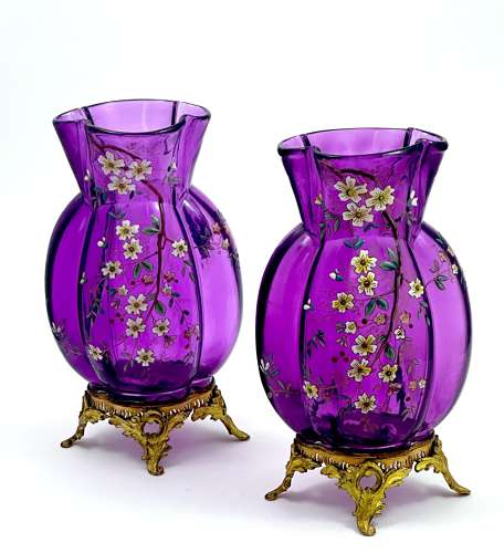 A Pair of Antique Moser Amethyst Glass Vases with Enamelled Flowers