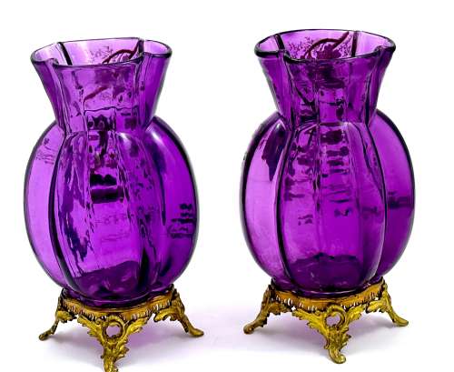 A Pair of Antique Moser Amethyst Glass Vases with Enamelled Flowers