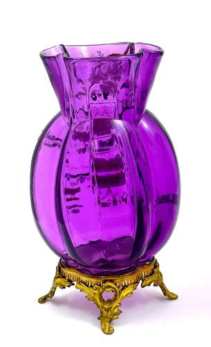A Pair of Antique Moser Amethyst Glass Vases with Enamelled Flowers