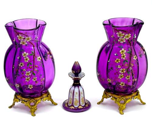 A Pair of Antique Moser Amethyst Glass Vases with Enamelled Flowers