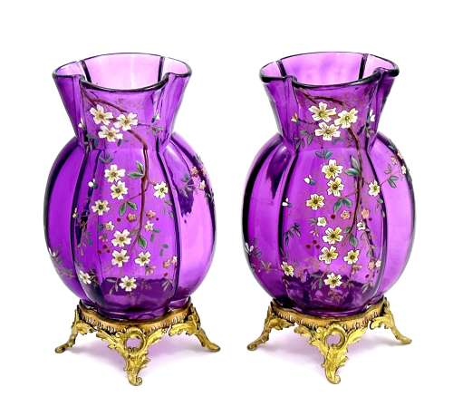 A Pair of Antique Moser Amethyst Glass Vases with Enamelled Flowers