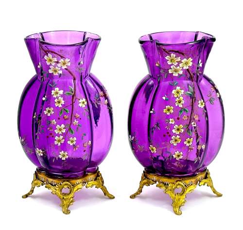 A Pair of Antique Moser Amethyst Glass Vases with Enamelled Flowers