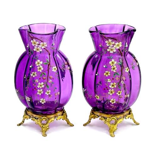 A Pair of Antique Moser Amethyst Glass Vases with Enamelled Flowers