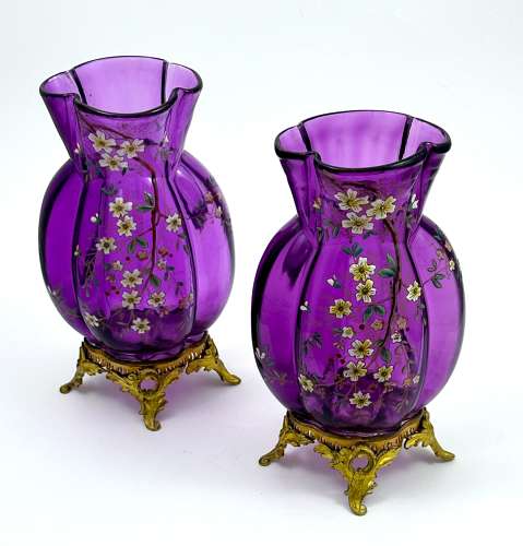 A Pair of Antique Moser Amethyst Glass Vases with Enamelled Flowers