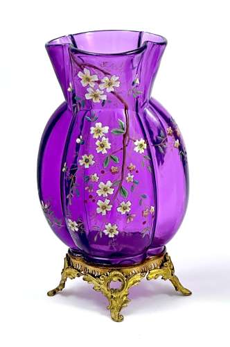 A Pair of Antique Moser Amethyst Glass Vases with Enamelled Flowers