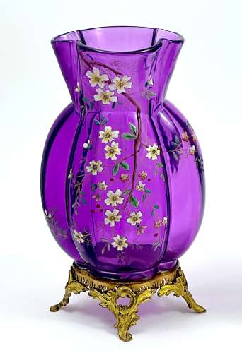 A Pair of Antique Moser Amethyst Glass Vases with Enamelled Flowers