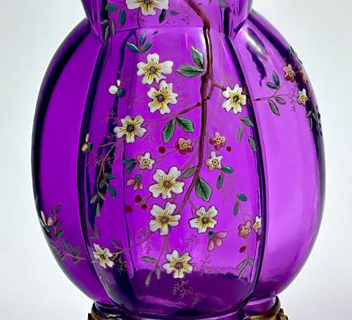 A Pair of Antique Moser Amethyst Glass Vases with Enamelled Flowers