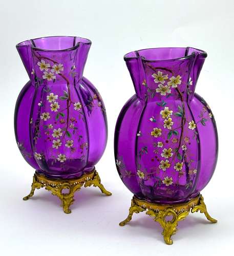 A Pair of Antique Moser Amethyst Glass Vases with Enamelled Flowers