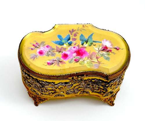 Pretty Antique French Dore Bronze Casket with Hand Painted Lid