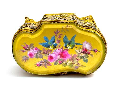 Pretty Antique French Dore Bronze Casket with Hand Painted Lid