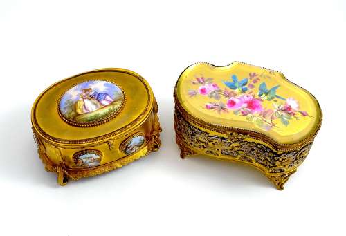Pretty Antique French Dore Bronze Casket with Hand Painted Lid