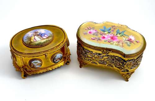 Pretty Antique French Dore Bronze Casket with Hand Painted Lid