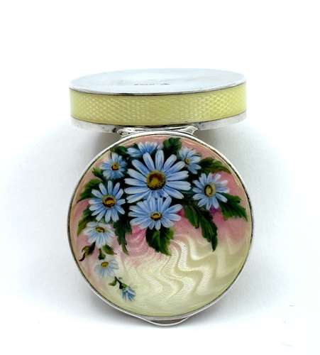 High Quality Antique Silver and Guilloche Enamel Box with Daisies.