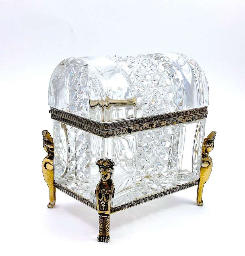 XL Huge Antique French Cut Crystal Glass Casket Box with a Domed Lid.