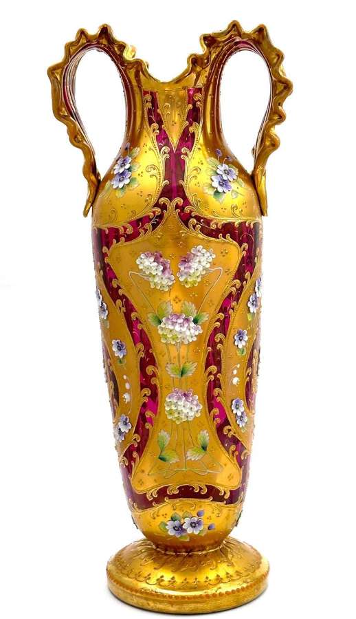 Magnificent Large&nbsp;Antique&nbsp;MOSER Vase with Applied Flowers