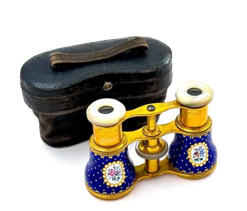 An Exceptional Pair of Antique French Blue Enamelled Opera Glasses.