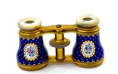 An Exceptional Pair of Antique French Blue Enamelled Opera Glasses.