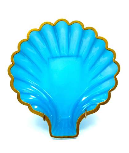 Large Antique Blue Opaline Glass Scallop Shell Dish