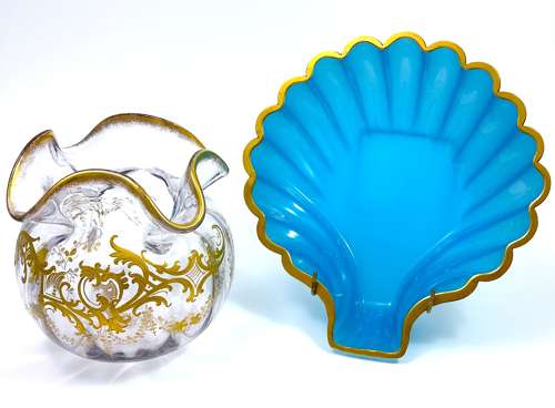 Large Antique Blue Opaline Glass Scallop Shell Dish