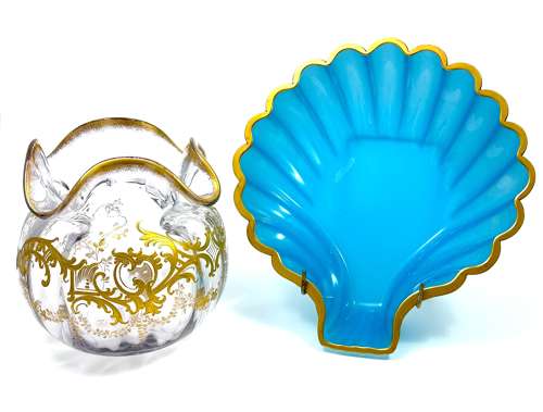 Large Antique Blue Opaline Glass Scallop Shell Dish