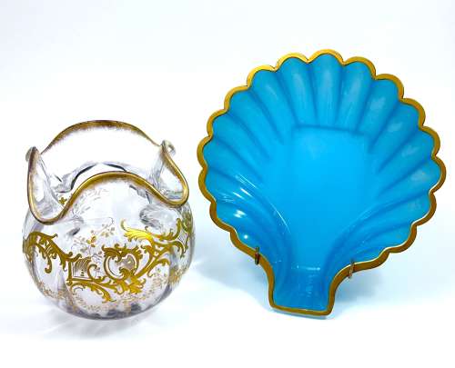 Large Antique Blue Opaline Glass Scallop Shell Dish