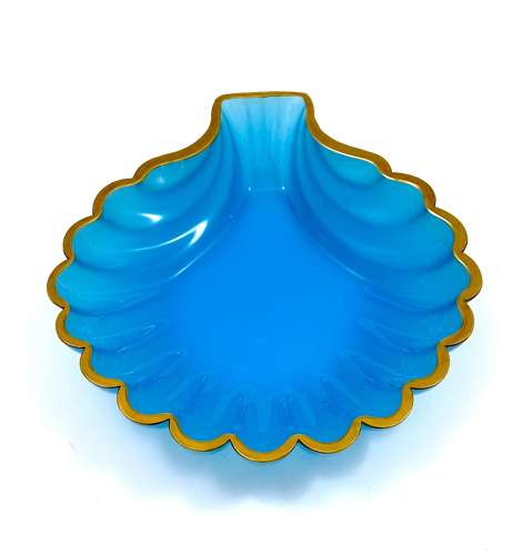 Large Antique Blue Opaline Glass Scallop Shell Dish