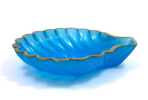 Large Antique Blue Opaline Glass Scallop Shell Dish