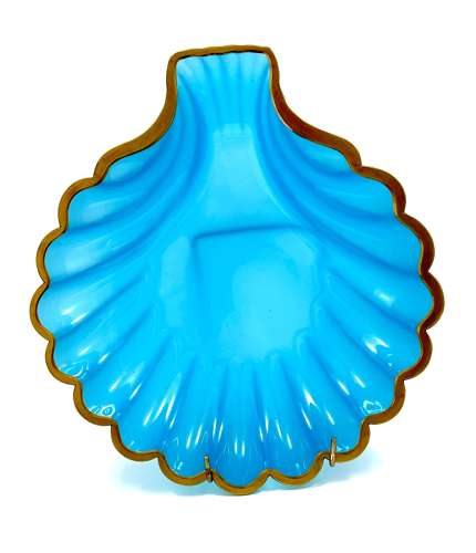 Large Antique Blue Opaline Glass Scallop Shell Dish
